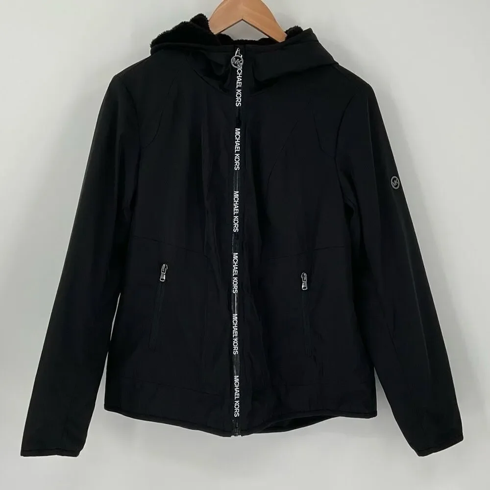 Michael Kors Fleece Lined Hooded‎ Zip Up Jacket Women Medium Black Pockets Warm